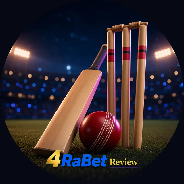 4RaBet India cricket betting reviews: a bat, ball and stumps under floodlights